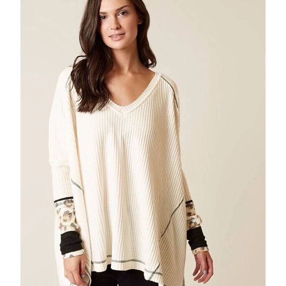 WE THE FREE womens sz M Cozy thermal waffle knit leopard print cuff thermal top - Picture 1 of 5